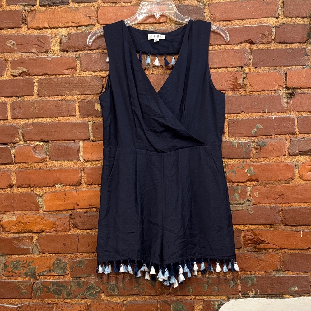 Anthropologie‎ THML Navy Blue Tassel Trimmed Romper Size Medium